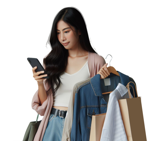 A shopper holding garments and a phone running the TryMeAI fitting room