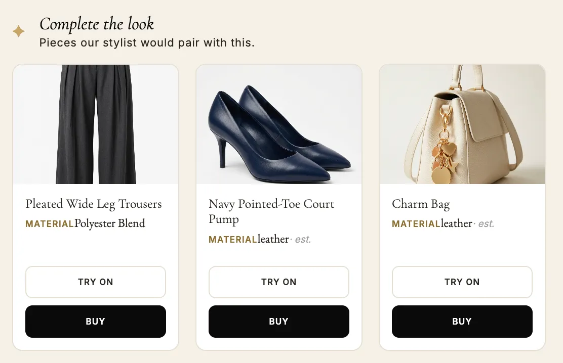 A Complete the look panel offering three paired pieces — wide-leg trousers, navy court pumps and a charm bag — each with Try on and Buy buttons.