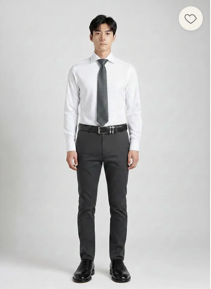 A try-on result: a white shirt and tie with dark tailored trousers and black shoes.