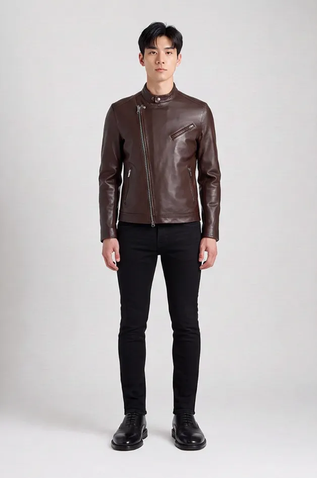 A try-on result: a brown leather jacket with black jeans and black boots.