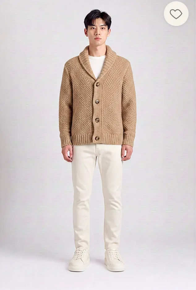 A try-on result: a tan shawl-collar cardigan with cream trousers and white trainers.