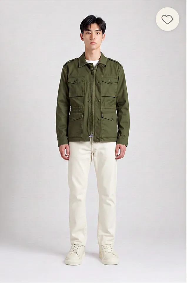 A try-on result: an olive field jacket with cream trousers and white trainers.