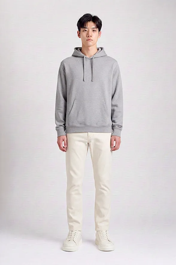 A try-on result: a grey hooded sweatshirt with cream trousers and white trainers.