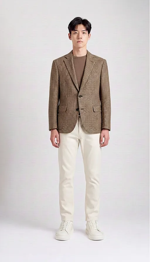 A try-on result: a brown checked blazer over a knit with cream trousers and white trainers.