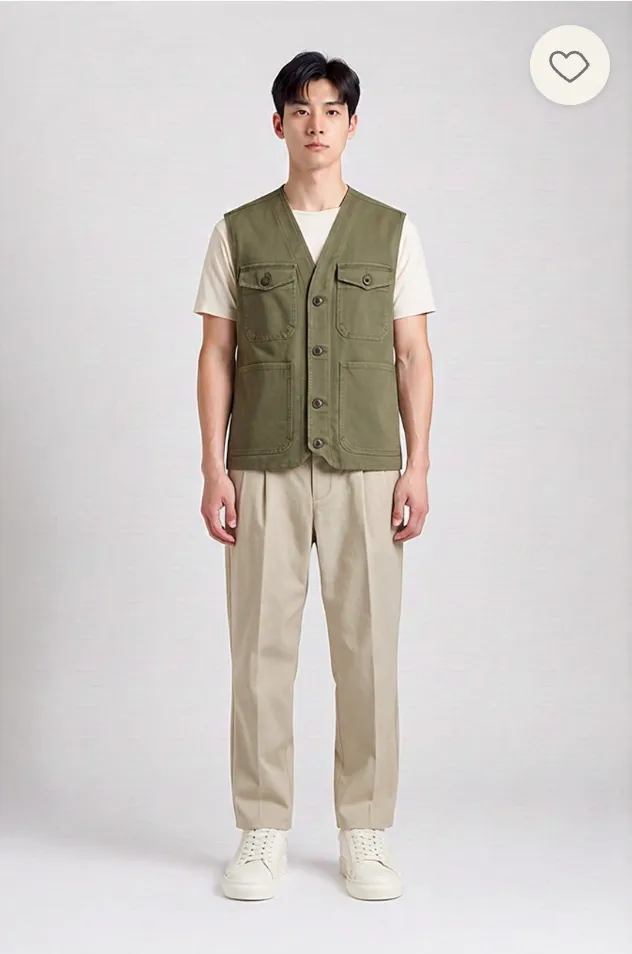A try-on result: an olive utility vest over a t-shirt with stone trousers and white trainers.