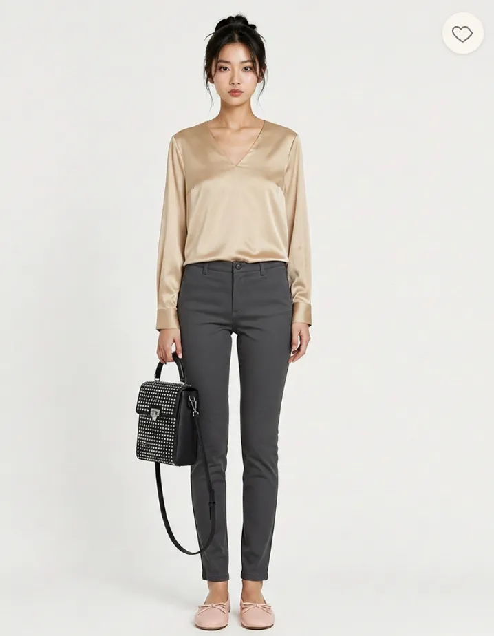 A try-on result: a beige satin blouse with grey tailored trousers and a small black bag.