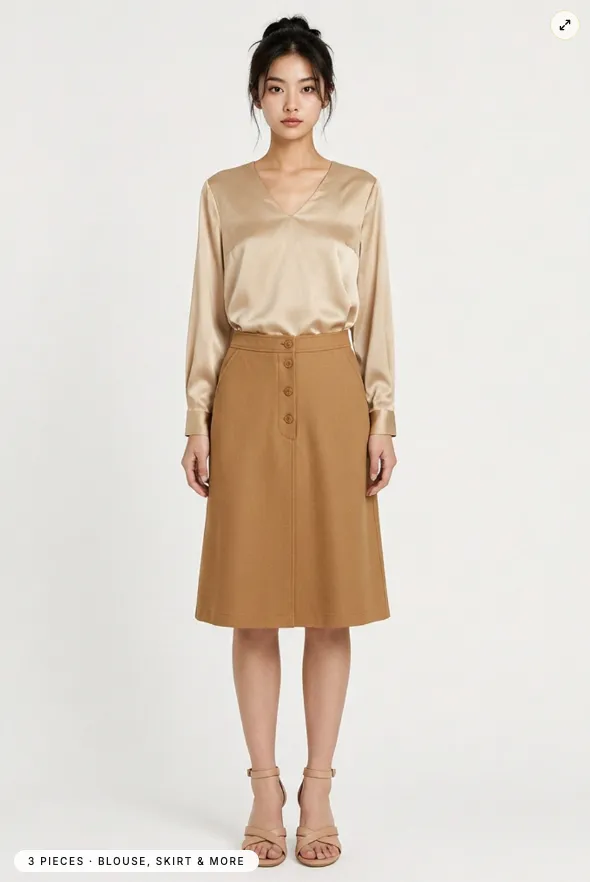 A try-on result: a champagne satin blouse with a tan A-line midi skirt and nude heeled sandals.