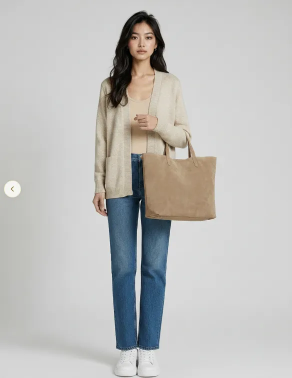 A try-on result: an oatmeal cardigan over a top with blue jeans and a soft tote.