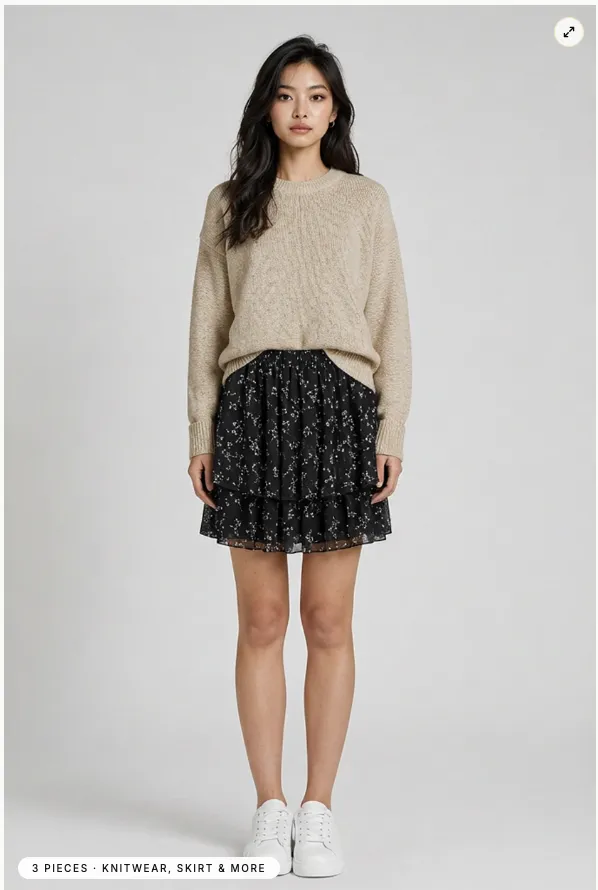 A try-on result: an oatmeal knitted jumper with a black floral pleated mini skirt and white trainers.