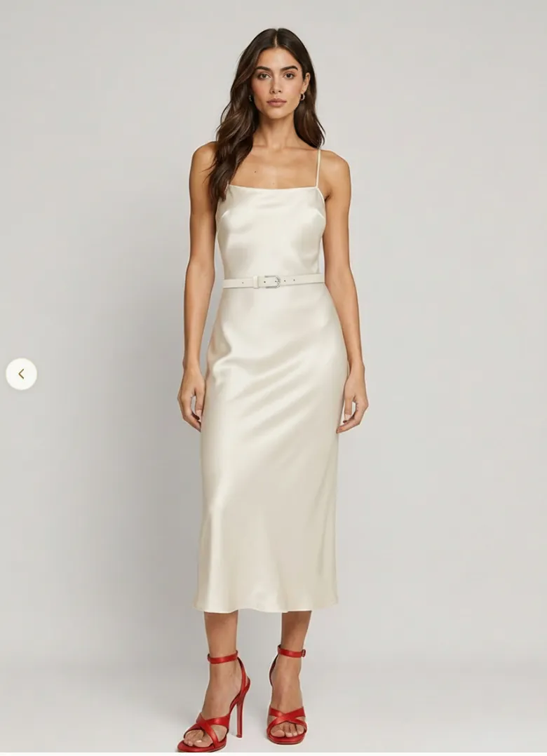 A try-on result: a cream satin slip midi dress with a slim belt and red heeled sandals.