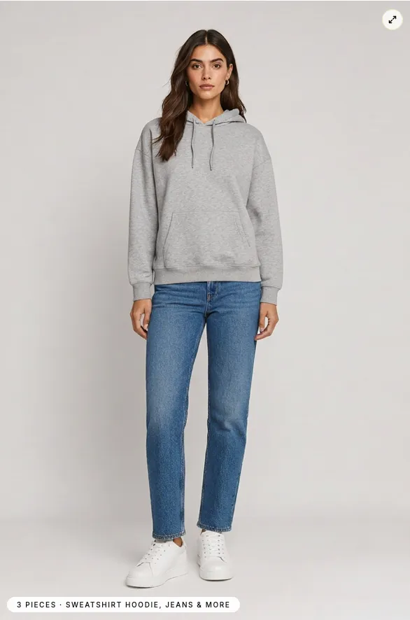 A try-on result: a grey hooded sweatshirt with blue jeans and white trainers.